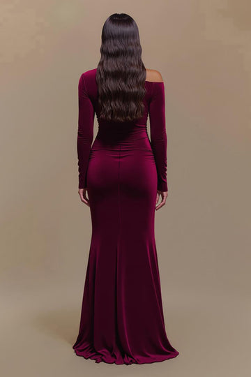 One Shoulder Satin Long Sleeves Burgundy Formal Dress with Slit